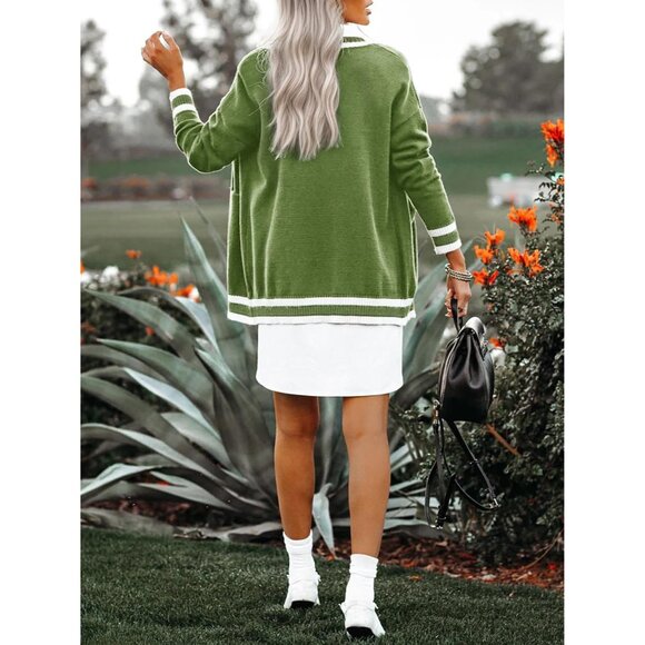 Cardigan Sweaters for Women Knit Open Front Varsity Trendy Cardigan with Pockets - Picture 2 of 6